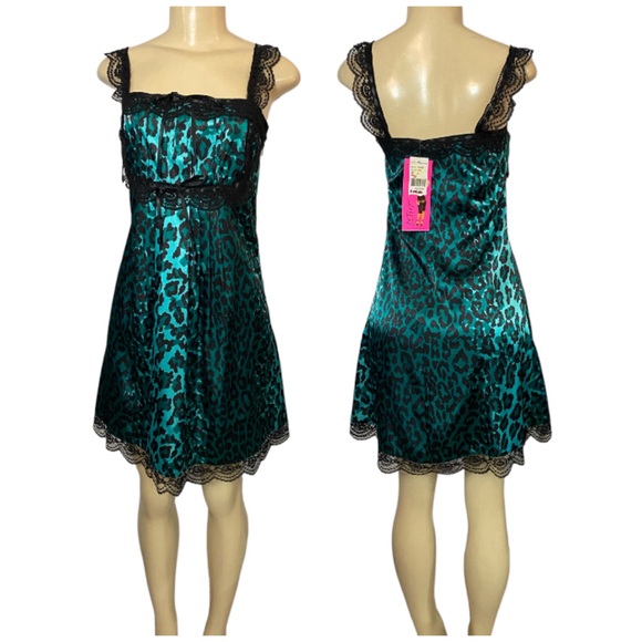 Betsey Johnson Dresses & Skirts - Y2K Betsey Johnson Slip Dress Size P Animal Print Satin Lace Teal Black